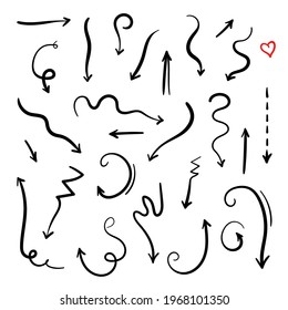 Set of hand-drawn arrows.Simple vector elements.Collection of various doodle direction indicators and pointers.Isolated.Vector illustration