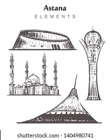 Set of hand-drawn Astana buildings, Nur-Sultan elements sketch vector illustration. Astana-Baiterek, Khan Shatyr, Shabyt Palace of creativity, Hazret Sultan Mosque.