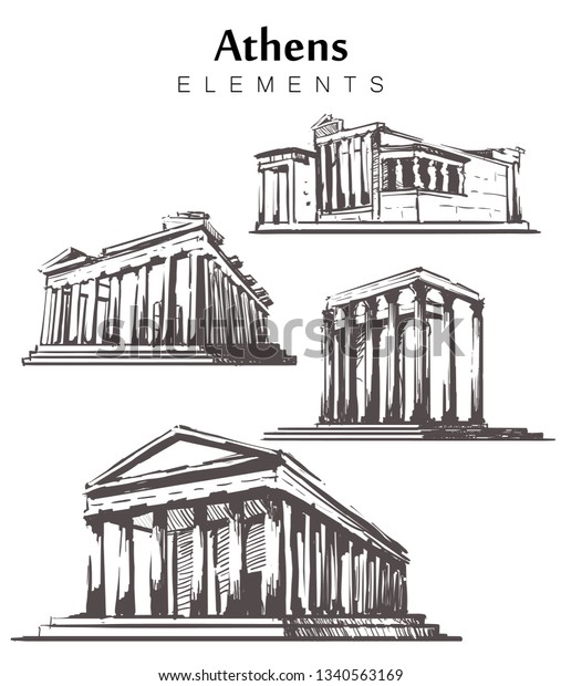 Set Handdrawn Athens Elements Athens Buildings Stock Vector (Royalty ...