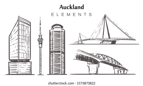 Set of hand-drawn Auckland buildings, elements sketch vector illustration. 