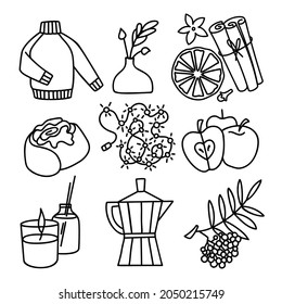 Set of hand-drawn autumn hygge mood vector icons in doodle style. Cozy cute cartoon elements collection isolated on white background for seasonal decoration.