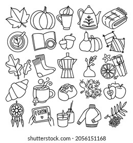 Conjunto de íconos vectoriales de humor de humor de humor de humor de otoño dibujados a mano en estilo doodle. Acogedora colección de bonitos elementos de dibujos animados aislados en un fondo blanco para la decoración de temporada.