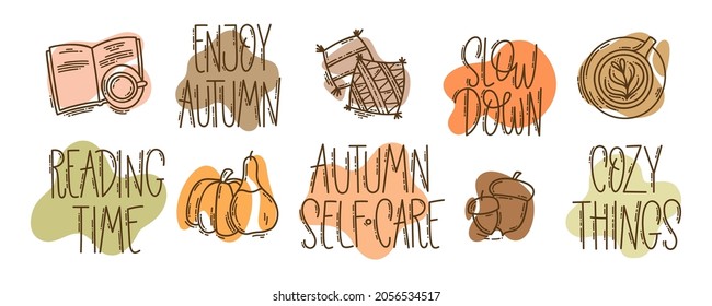 Set of hand-drawn autumn hygge mood vector icons in doodle style and lettering. Cozy cute cartoon elements collection and motivational phrases isolated on white background for seasonal decoration. 