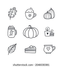 Set of hand-drawn autumn icons in doodle style. Cartoon vector elements of Latte, cappuccino, pumpkins, pie, candles, leaves isolated on white background. Fall, coffee shop, seasonal mood. 