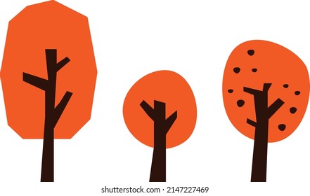 Set of hand-drawn autumn trees. Forest icons, emblems for kindergarten decor, baby product. Cartoon doodle wildlife for kids cute landscape. Orange smooth deciduous crown. Simple brown angular trunks.