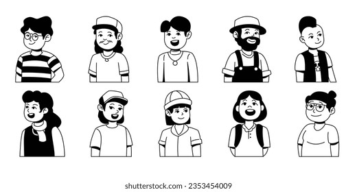 Set of handdrawn avatar in doodle style. Male and female characters