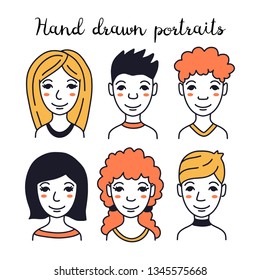 set of hand-drawn avatars of different people, vector illustration isolated on white background