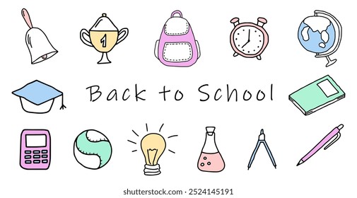 Set of hand-drawn back to school icons with bell, trophy, backpack, clock, globe, calculator, baseball, lightbulb, flask, compass, notebook isolated on a white background. Education, school supplies.