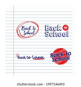 Set of hand-drawn back to school stickers with blue and red pen. Vector illustration.
