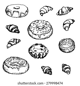 Set of hand-drawn bakery products, pastries for restaurant or bakery menu.