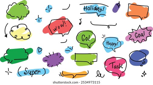 A set of hand-drawn balloon chat box illustrations with simple lines. 