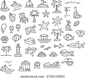 Set of hand-drawn beach and summer vacation doodles. Vector line art icons featuring palm trees, sailboats, seashells, tropical fish, lighthouse, and ocean waves. Minimalist nautical elements for travel branding, summer invitations, and coastal decor.