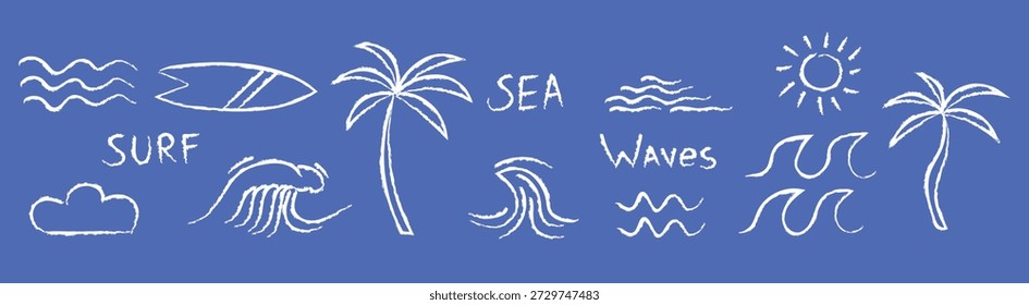 Un conjunto de playa dibujado a mano, olas, tablas de surf, palmeras, surf, sol y nubes. Dibujos a lápiz y bocetos. Una colección de ilustraciones de verano de primavera.