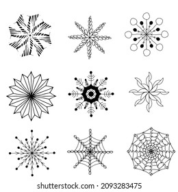 conjunto de un hermoso copo de nieve dibujado a mano. decoración. monocromo. garabato vectorial