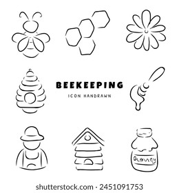 A set of hand-drawn beekeeping icons in an outline style. Perfect for use in web design, print, and other creative projects. Includes icons for bees, honey, apiaries, honeycombs, flowers, and more.