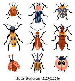 Set of hand-drawn beetles. White background, isolate. Vector illustration.