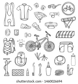 Set Of Hand-drawn Bicycle Equipment And Clothes Isolated On White. Doodle Vector Illustration Of Bike Tools And Accessories