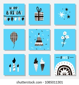 Set of hand-drawn birthday cards or posters. Vector simple illustration