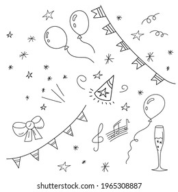 Set of hand-drawn birthday elements. A collection of balloons, stars, bows, flags, notes. Doodle drawing style, minimalism, sketch. Isolated. Holiday vector illustration