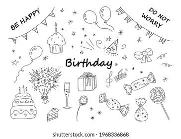 Set of hand-drawn birthday elements. A collection of different objects for a good mood. Doodle drawing style, minimalism, sketch. Isolated. Holiday vector illustration