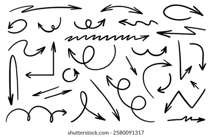 Set of hand-drawn black arrows of different shapes and types on a white background. Arrow straight, wavy, twisted, zigzag, round.