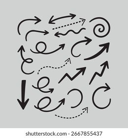 Conjunto de setas pretas desenhadas à mão em diferentes estilos sobre fundo branco, rabiscar coleção de setas esboço