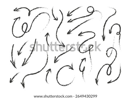 Set of hand-drawn black arrows in grunge style. Includes rough, sketchy, messy arrows for creative design, infographics, highlights, and artistic decoration. Ideal for posters, presentations