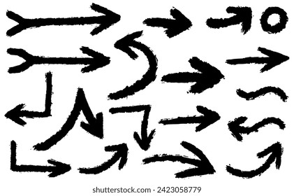 Set of hand-drawn black arrows isolated on white background. Direction pointer arrow mark icons vector collection. Modern grunge arrow brush paint. Chalk smear scribble arrows illustration