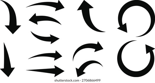 Set of hand-drawn black arrows in various directions, including curved, straight, and circular designs. Isolated on a white background for easy use.