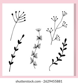 Set of hand-drawn black botanical branches with simple minimalist shapes. Perfect for modern floral designs, organic branding, wall art, and natural-themed decor.