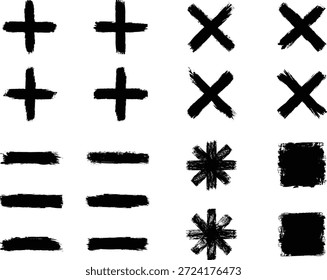 Conjunto de pinceladas negras dibujadas a mano x, estrella y signos más. Vector retro dibujado a mano ilustración.