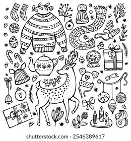 A set of hand-drawn black doodles of Christmas and winter elements: a deer, a knitted sweater, a scarf, socks, mittens, and other winter objects.