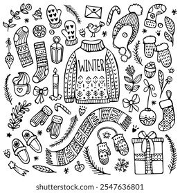 A set of hand-drawn black doodles of Christmas and winter elements:  a knitted sweater, a scarf, socks, mittens, present, and other winter objects.