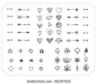 Set of hand-drawn black handle elements. Decorative design elements. Arrows, hearts, stars, lights, leaves. Vector.