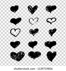 A set of hand-drawn black hearts. Design elements with a grunge texture for gift cards, invitations and valentines. Vector heart painted with a pomade.