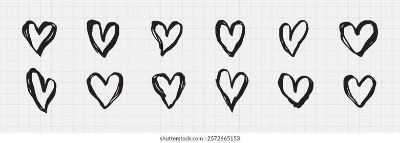 Set of hand-drawn black hearts on a grid background. Simple, artistic hearts in various styles. Perfect for creative projects, heart-themed designs. Hand drawn Valentine's Day vector set.