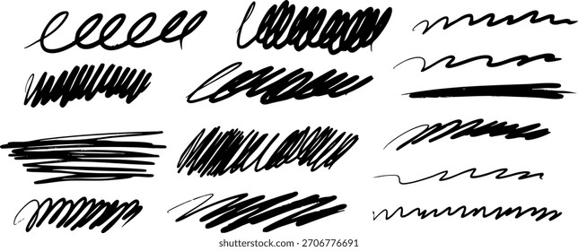 Set of hand-drawn black ink scribble strokes, rough sketch lines and doodle elements on a transparent background, featuring messy curves, loops and bold marker lines