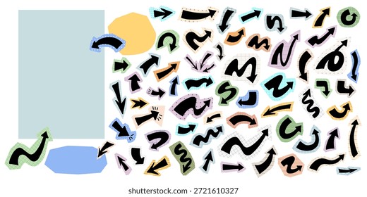 Set von handgezeichneten schwarzen Markierungspfeilen mit verschiedenen Formen und Mustern, Notizrahmen im Collage-Stil auf bunten Scrapbook Papier ausgeschnittenen Stücken. Kreativer Vektorsatz von dekorativen Zeigeraufklebern für die Planung.
