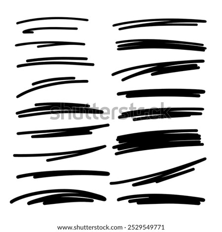 A set of hand-drawn black marker pen underline lines, highlight important, cross out. Simple sketchy graphic design elements for decoration, editing isolated on a white background, doodle.