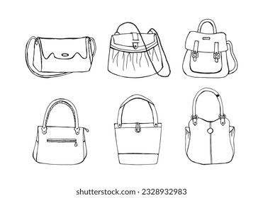 Establecer el bolso de contorno a mano y el doodle de dibujos animados de bolsa eps 10. Ilustración vectorial de bolsos de moda para mujeres dibujadas a mano libre.