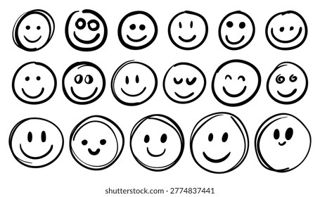Set of hand-drawn black smile face icons isolated on a white background. These sketchy emoji silhouettes represent various happy emotions and positive vibes for social media and design.