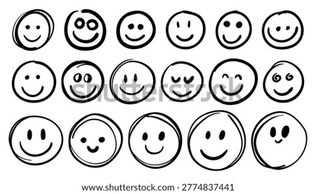 Set of hand-drawn black smile face icons isolated on a white background. These sketchy emoji silhouettes represent various happy emotions and positive vibes for social media and design.