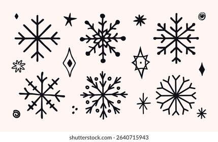 Set of hand-drawn black snowflakes and decorative winter elements. Minimalist doodle style. Perfect for Christmas cards, gift wrap, packaging, backgrounds, invitations, prints, clipart, and holiday 