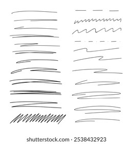 Un conjunto de líneas de subrayado negro dibujado a mano, resaltados aislados sobre un fondo blanco, Vector. Una colección de Elementos decorativos para el diseño con texto, decoración, decoración. Máscaras de pincel de boceto