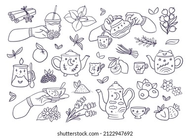 Set of hand-drawn black and white clipart tea. The collection counter line art designs ice, and hot tea drinks. The magic and boho style in vector illustrations