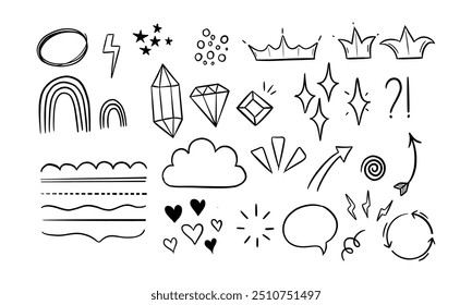 Un conjunto de Elementos de doodle en blanco y negro dibujados a mano, que incluyen estrellas, corazones, flechas, coronas y otras Formas abstractas.