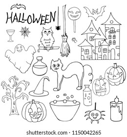 Set of hand-drawn black and white elements for the Halloween holiday on a white background