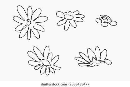 A set of hand-drawn black and white flower simple line art illustrations. Perfect for botanical, floral, and decorative design projects.