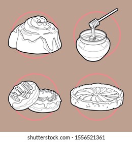 Set of hand-drawn black and white illustration of sweets on a beige background with thick outline.