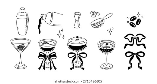 Um conjunto de ilustrações em preto e branco desenhadas à mão apresentando o coquetel Espresso Martini, incluindo shakers, jiggers, grãos de café e bebidas acabadas.